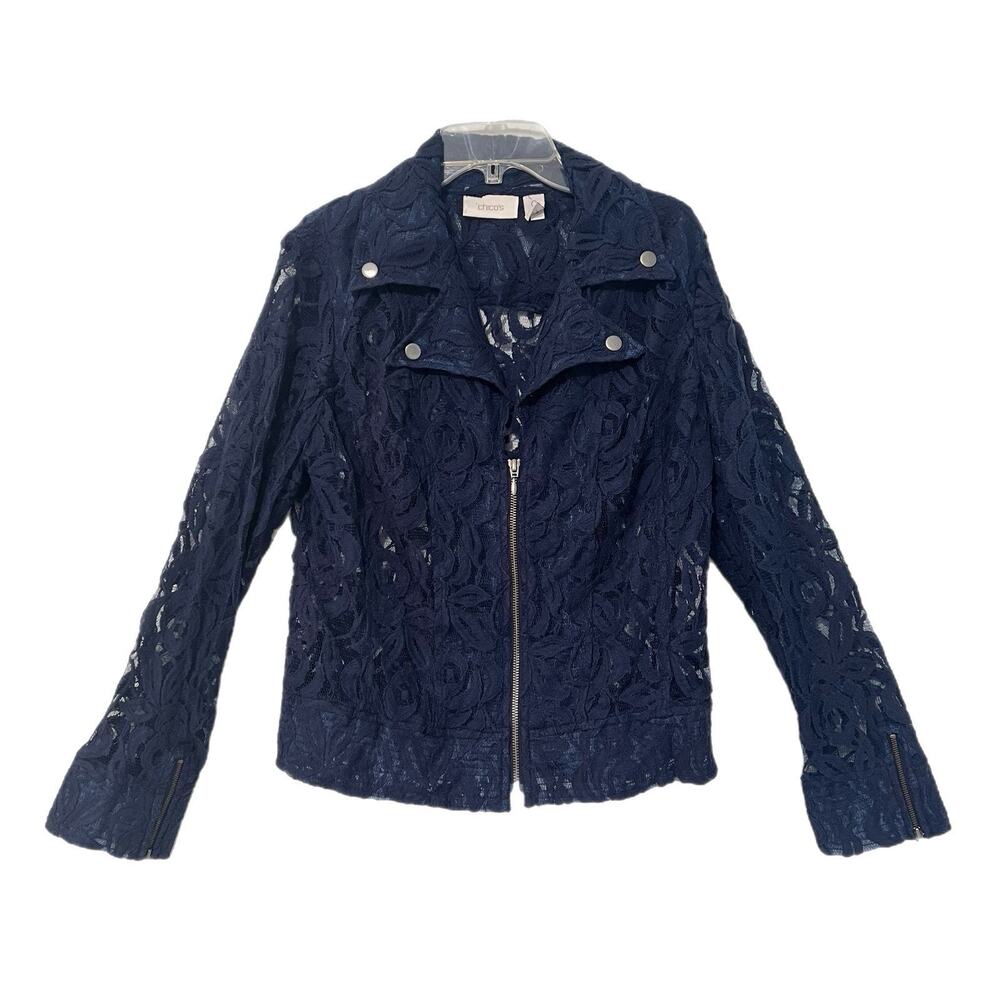 Chico's Navy Blue Floral Lace Moto Jacket Zip Front Size 0 US Small Coastal